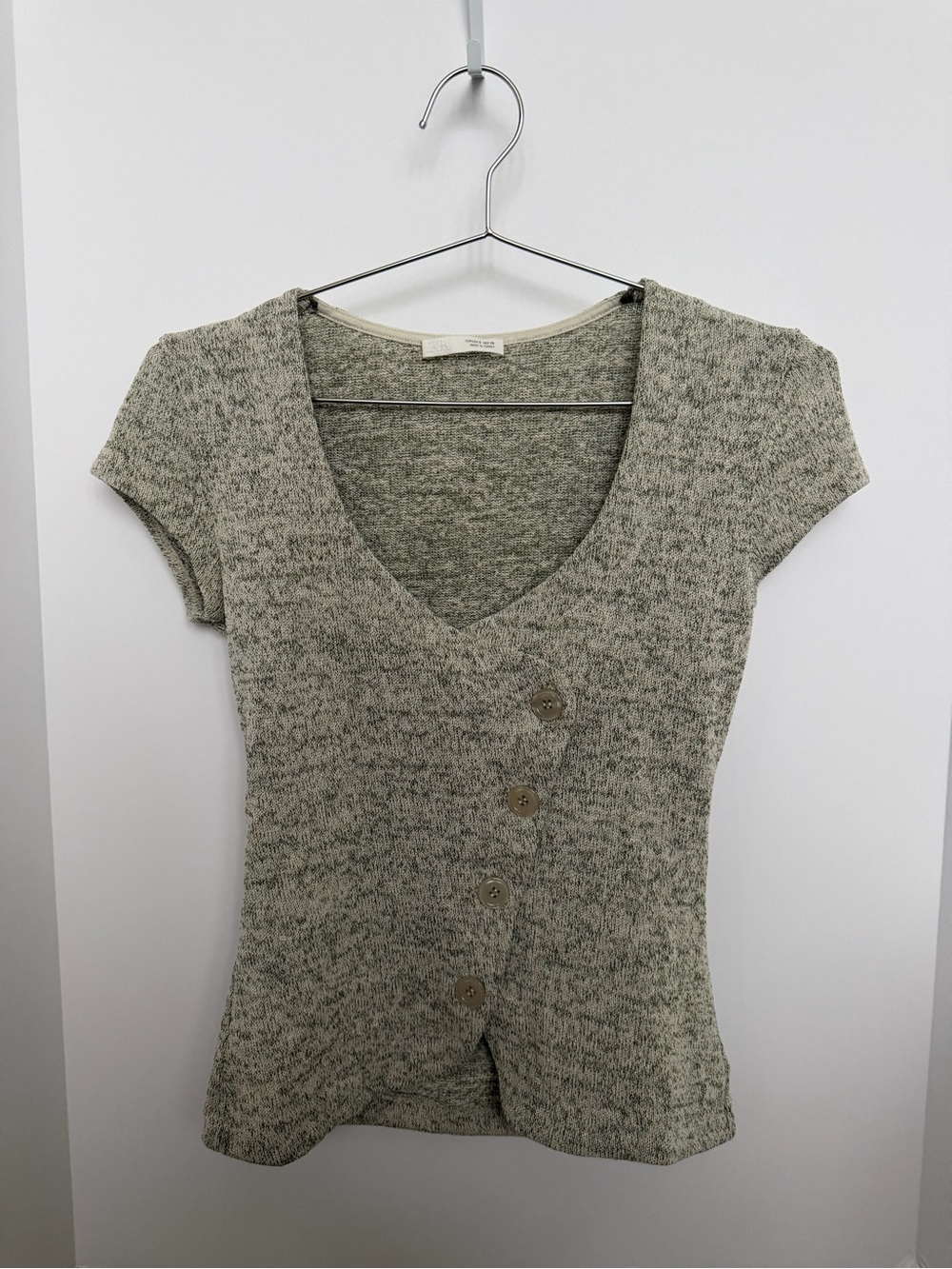 Zara Heathered Light Gray Scoop Neck Asymmetrical Rustic Buttoned Top